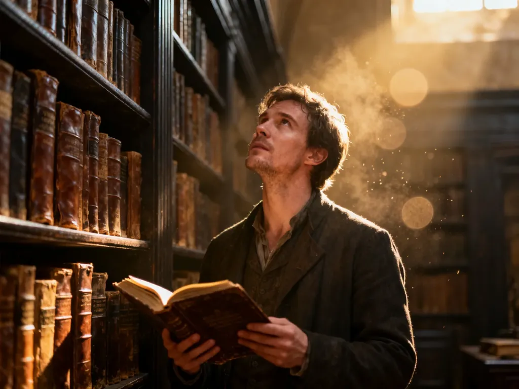 Zamyślony mężczyzna w zabytkowej bibliotece trzyma otwartą księgę, co podkreśla podniosły i refleksyjny nastrój.
