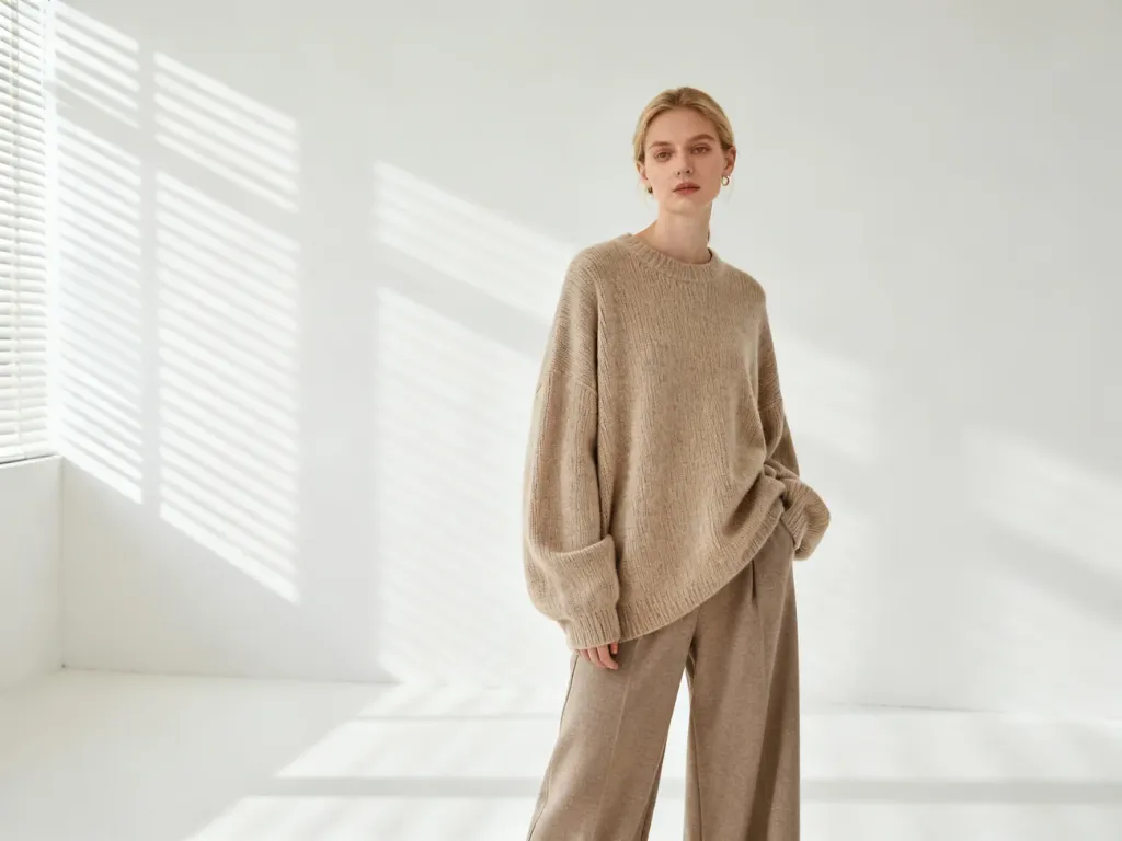 Kobieta w beżowym swetrze typu oversize i szerokich spodniach, prezentująca stylizację loose fit w minimalistycznym studio.